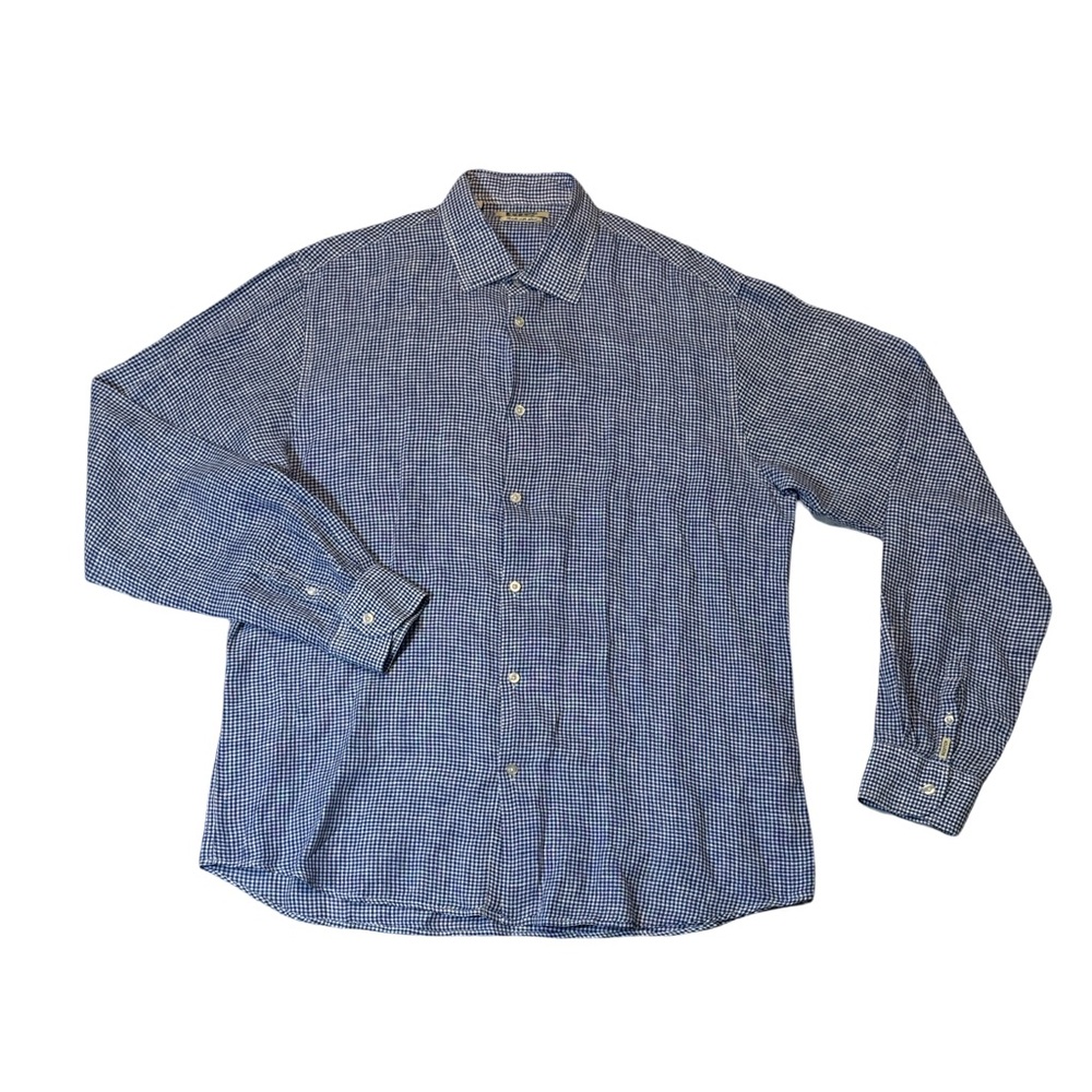 Scotch & Soda mens 2XL XXL blue gingham 100% linen button up casual shirt EUC